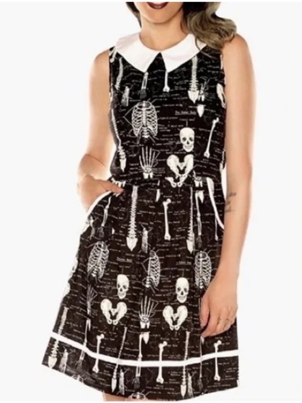 FOLTER Sleeveless Black Skeleton Print Dress with Peter Pan Collar XS